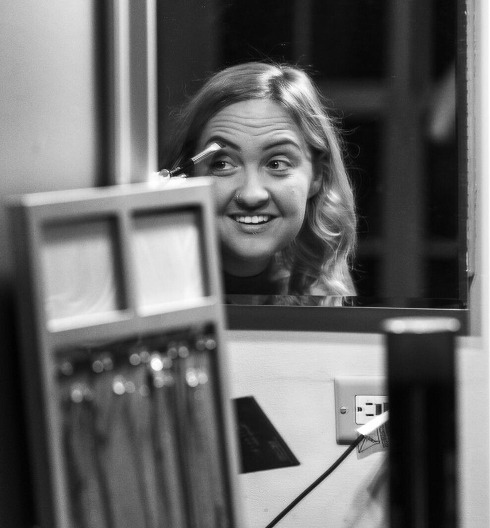 woman getting ready portrait black and white